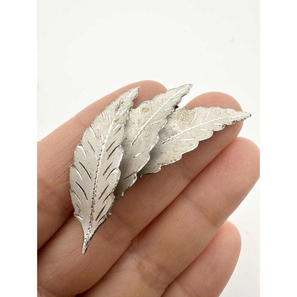 Vintage Sterling Leaf Brooch Silver Textured Triple Leaf Women